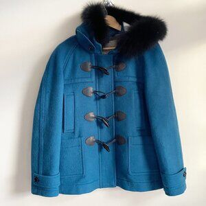 Authentic BURBERRY Brit Blue Classic Toggle Duffle Coat Wool Fox Fur